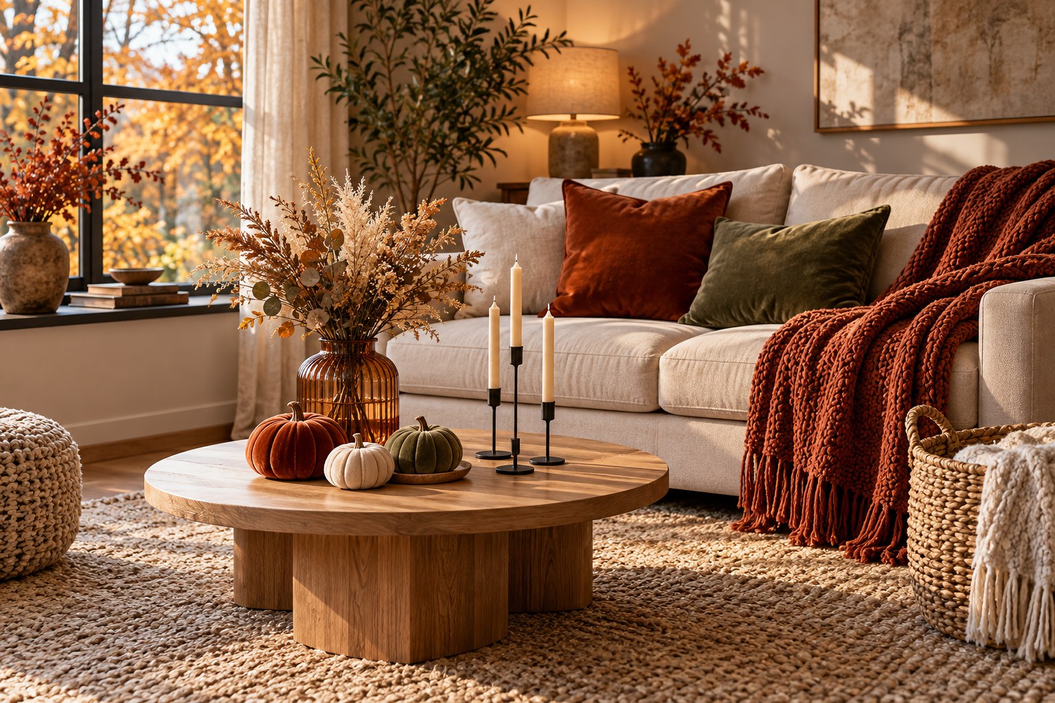 Herbst im Wohnzimmer: Eine Sitzecke in Rost, Salbei und Bernstein – KI-Gestaltungsidee