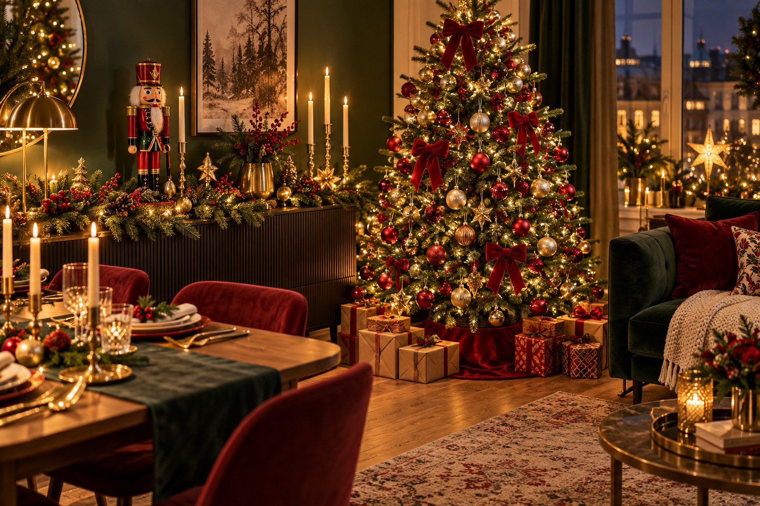 Weihnachtsdeko mit Wow-Effekt: Rot, Gold und ein Wohnzimmer voller Licht – KI-Gestaltungsidee