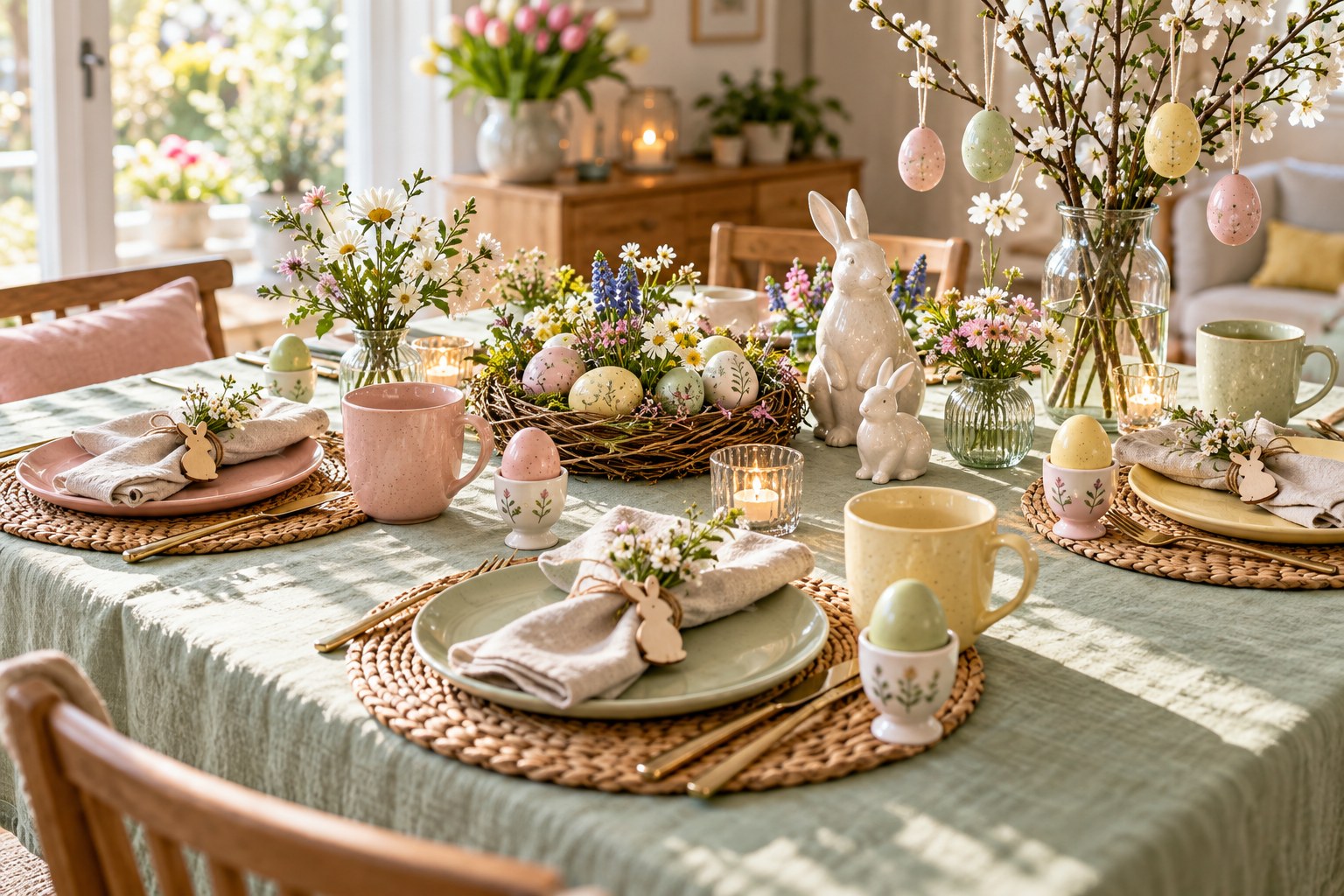 Osterfrühstück in Pastell: Hasen, Eiernester und ein gedeckter Tisch für vier – KI-Gestaltungsidee