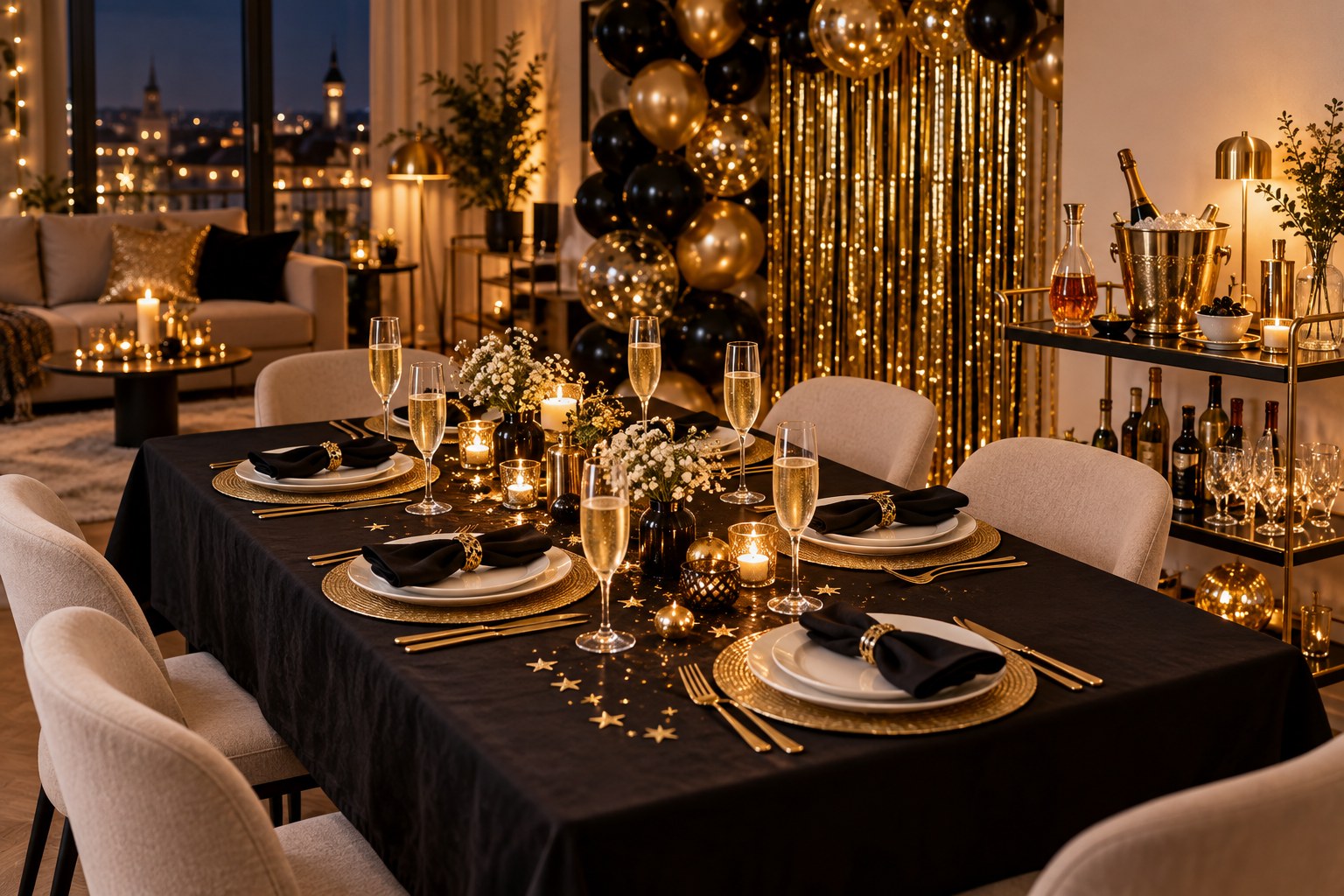 Silvesterparty in Schwarz und Gold: Festliche Tafel, Hausbar und Fotowand – KI-Gestaltungsidee