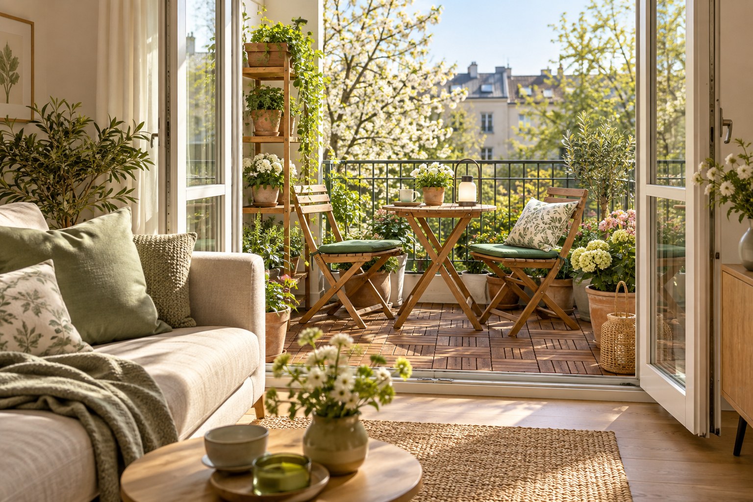 Vom Wohnzimmer auf den Balkon: Ein Frühlingszimmer mit Holz, Salbei und mobilem Licht