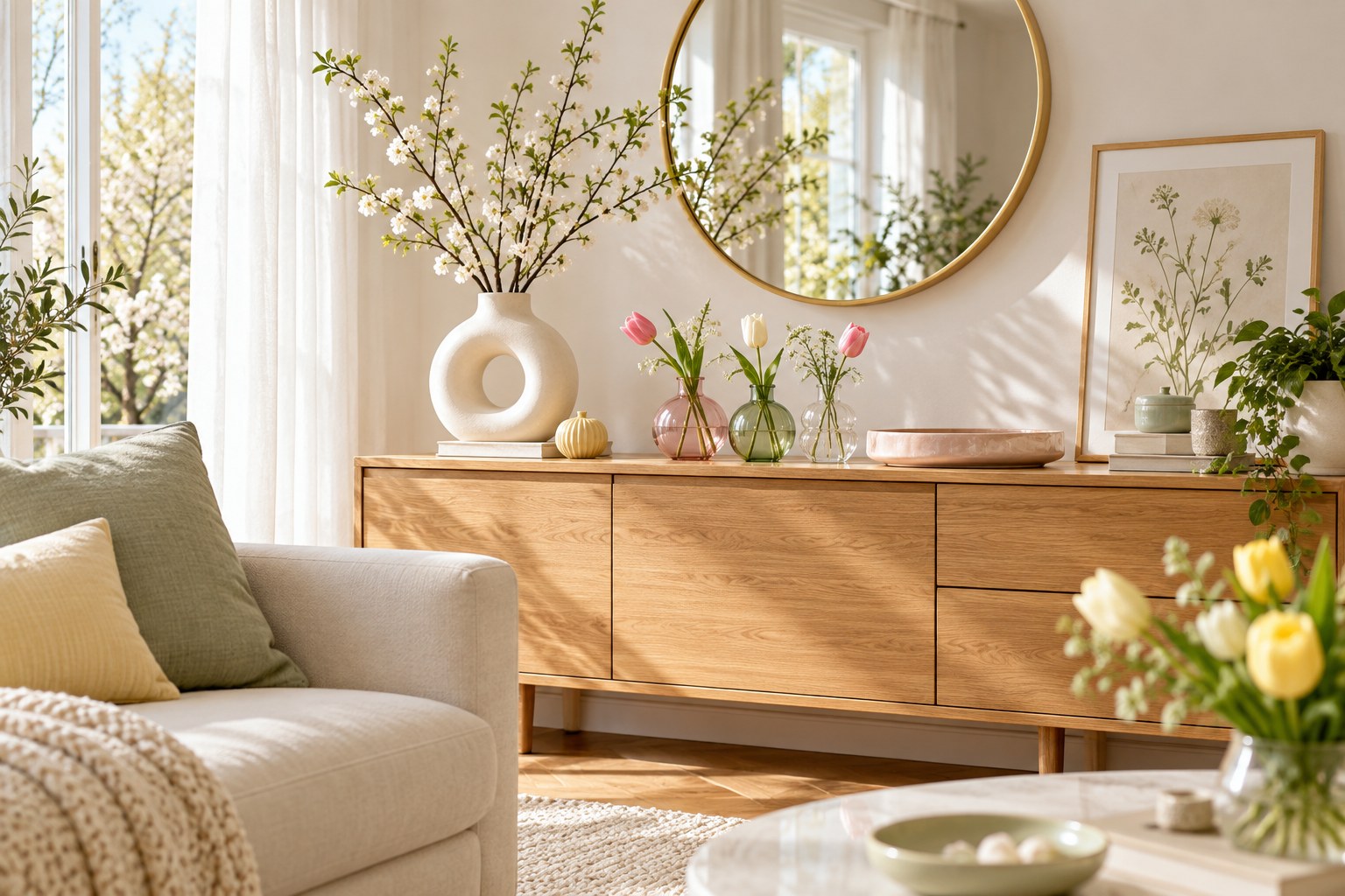 Frühling auf dem Sideboard: Ringvase, bunte Glasvasen und eine kleine Blumengalerie – KI-Gestaltungsidee