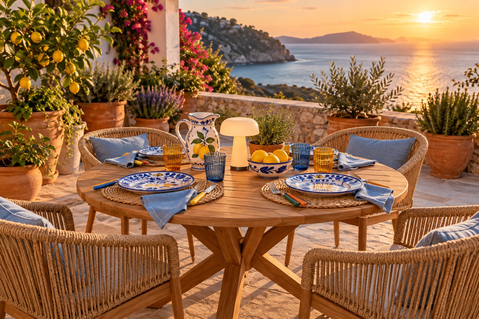 Sommertafel in Blau und Bernstein: Runder Tisch, vier Stühle und mediterranes Geschirr – KI-Gestaltungsidee