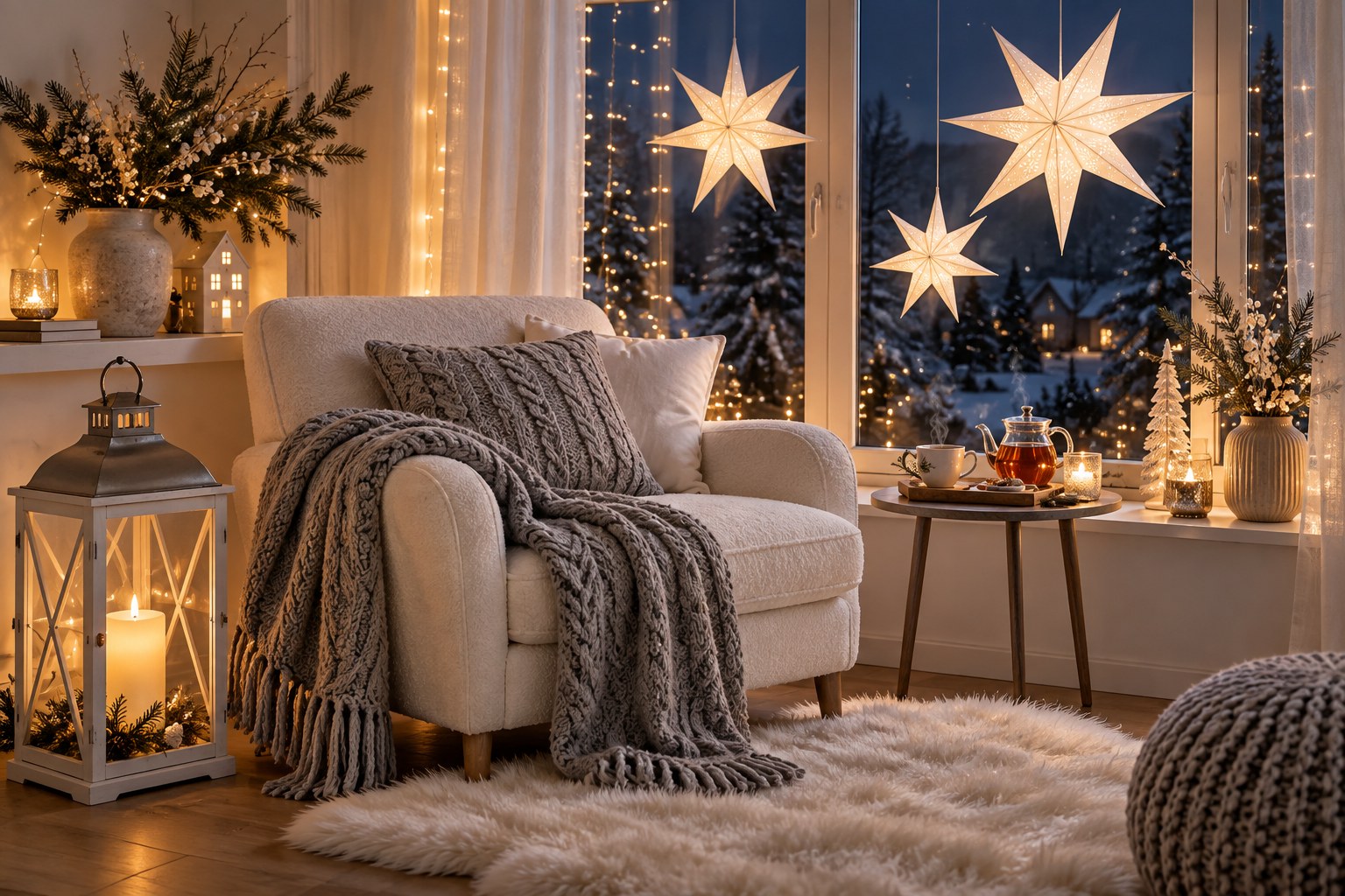 Winter im Wohnzimmer: Sternenfenster, Teestation und ein Platz zum Einkuscheln
